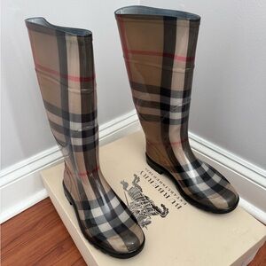 Burberry Classic Check Rain Boots in Beige, Black & Red